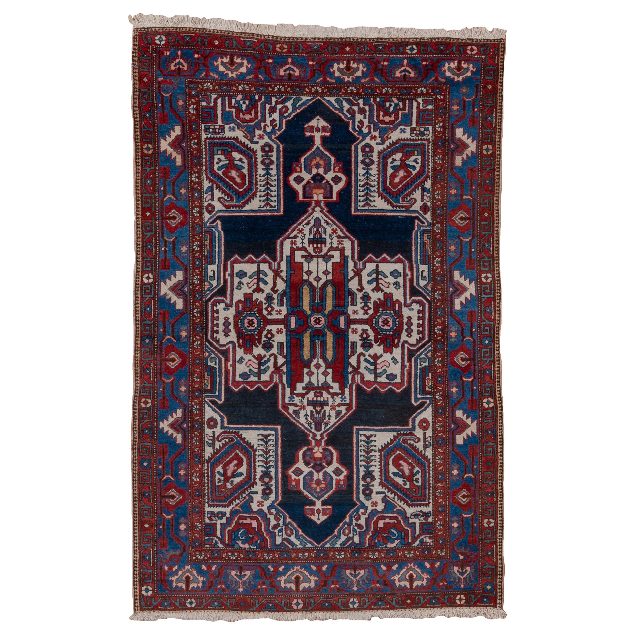 1920s Antique Persian Malayer Rugm Ivory & Navy Field, Red & Royal Blue Borders For Sale