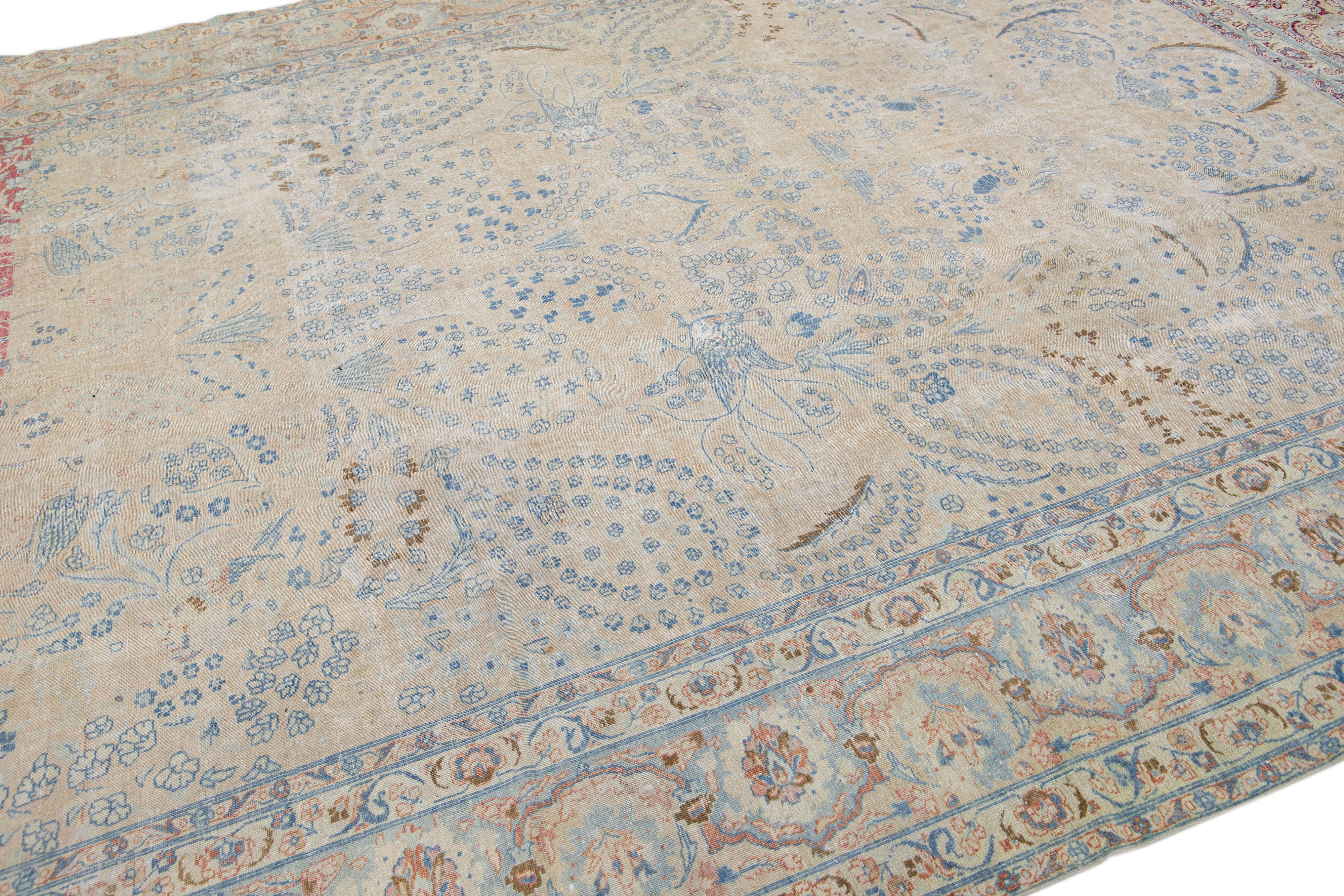 Hand-Knotted 1920s Antique Persian Tabriz Beige Handmade Wool Rug with Allover Motif For Sale