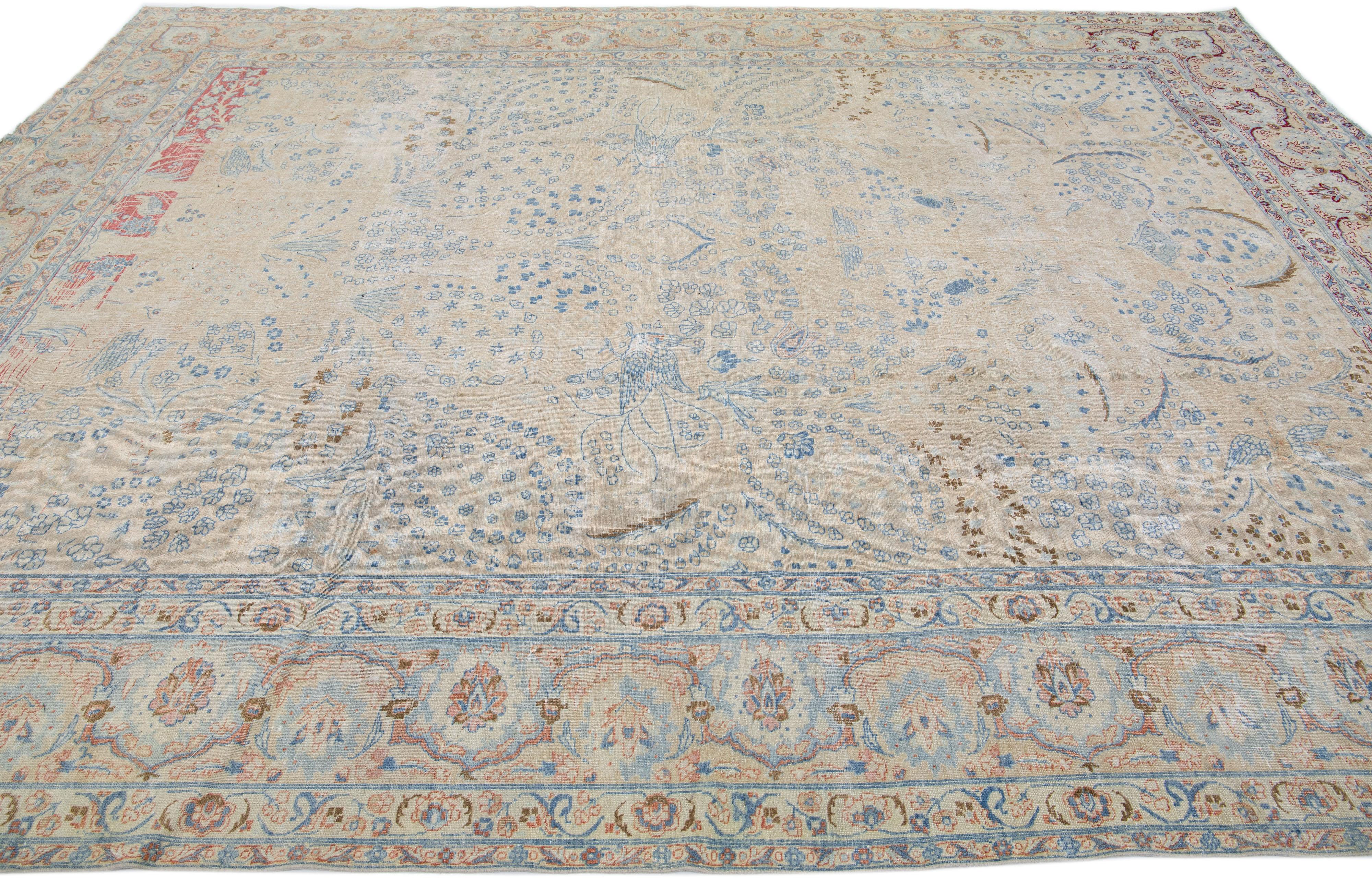 20th Century 1920s Antique Persian Tabriz Beige Handmade Wool Rug with Allover Motif For Sale
