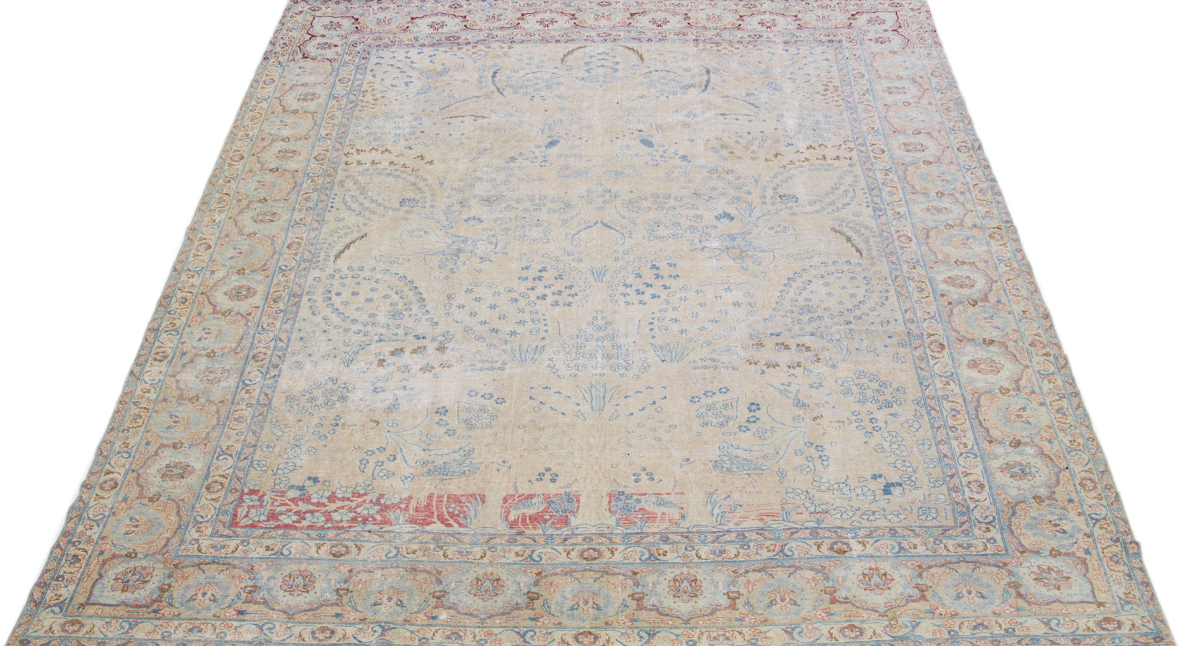 1920s Antique Persian Tabriz Beige Handmade Wool Rug with Allover Motif For Sale 1