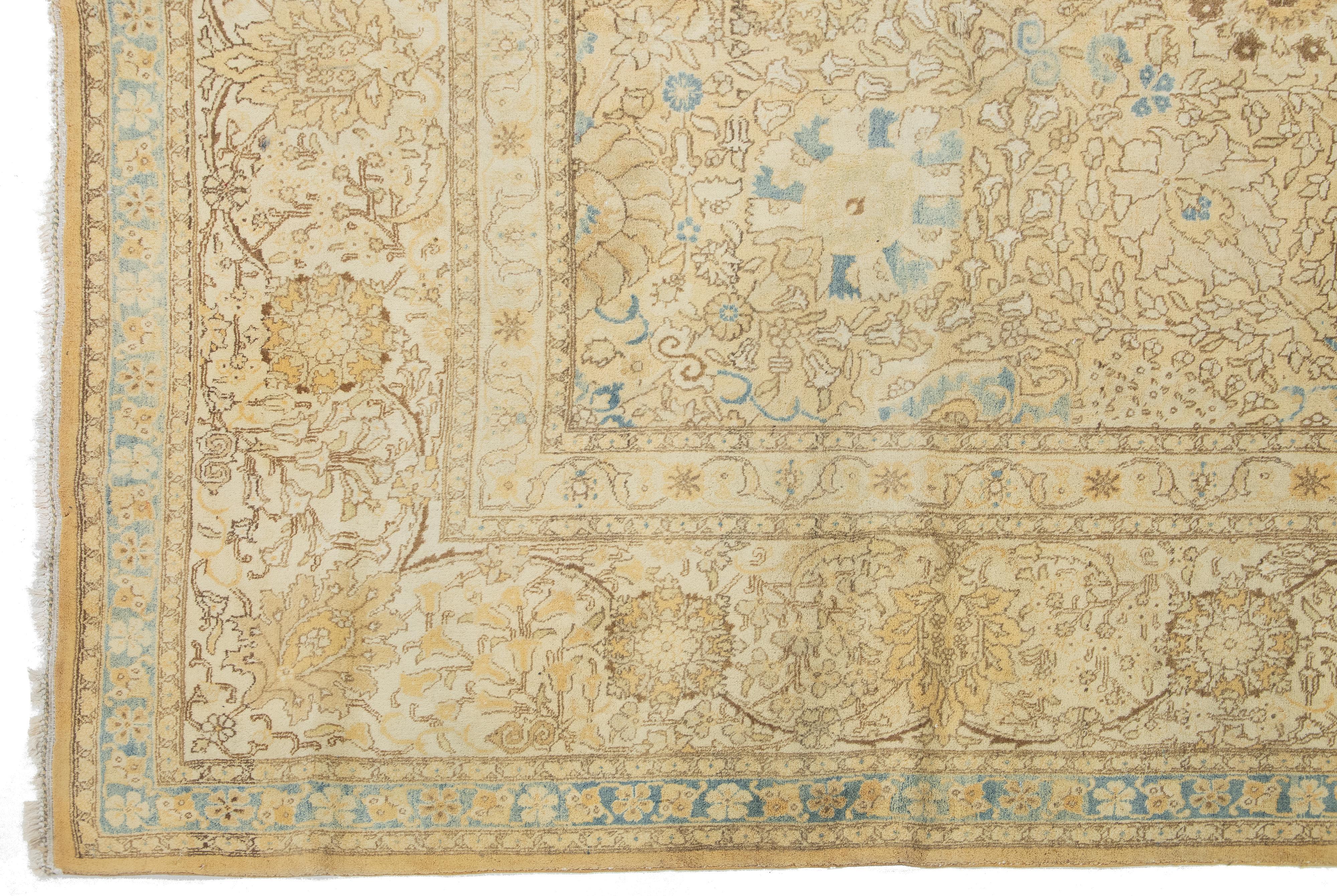 1920s Antique Persian Tabriz Beige Wool Rug With Allover Floral Pattern For Sale 1
