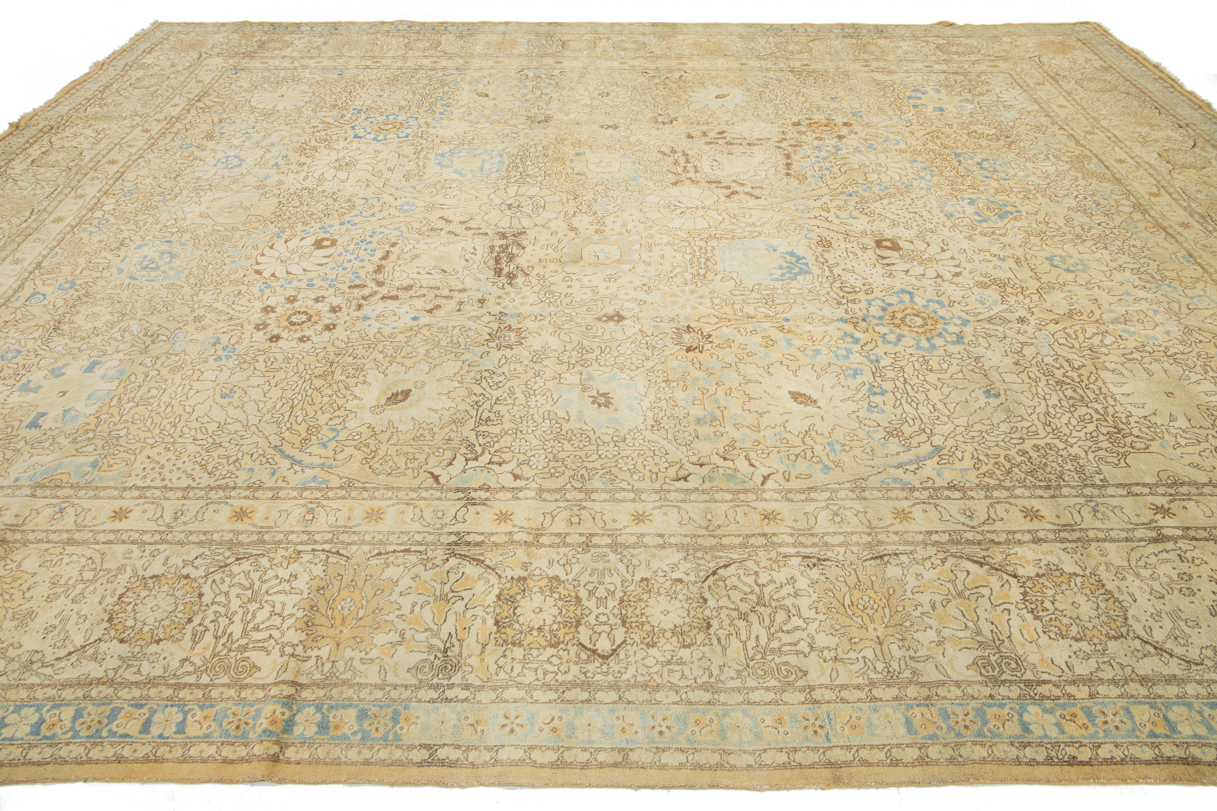 1920s Antique Persian Tabriz Beige Wool Rug With Allover Floral Pattern For Sale 2
