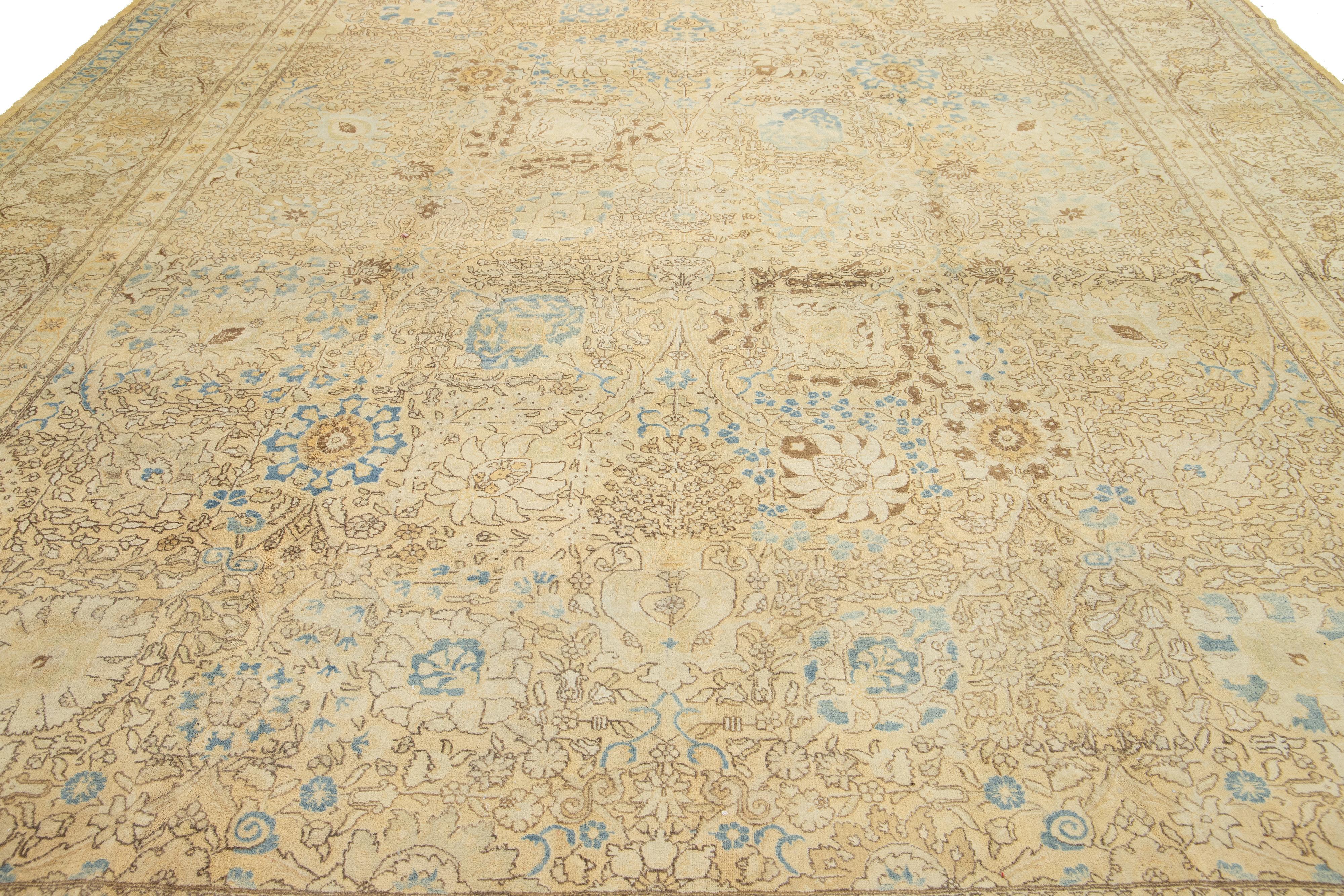 1920s Antique Persian Tabriz Beige Wool Rug With Allover Floral Pattern For Sale 3