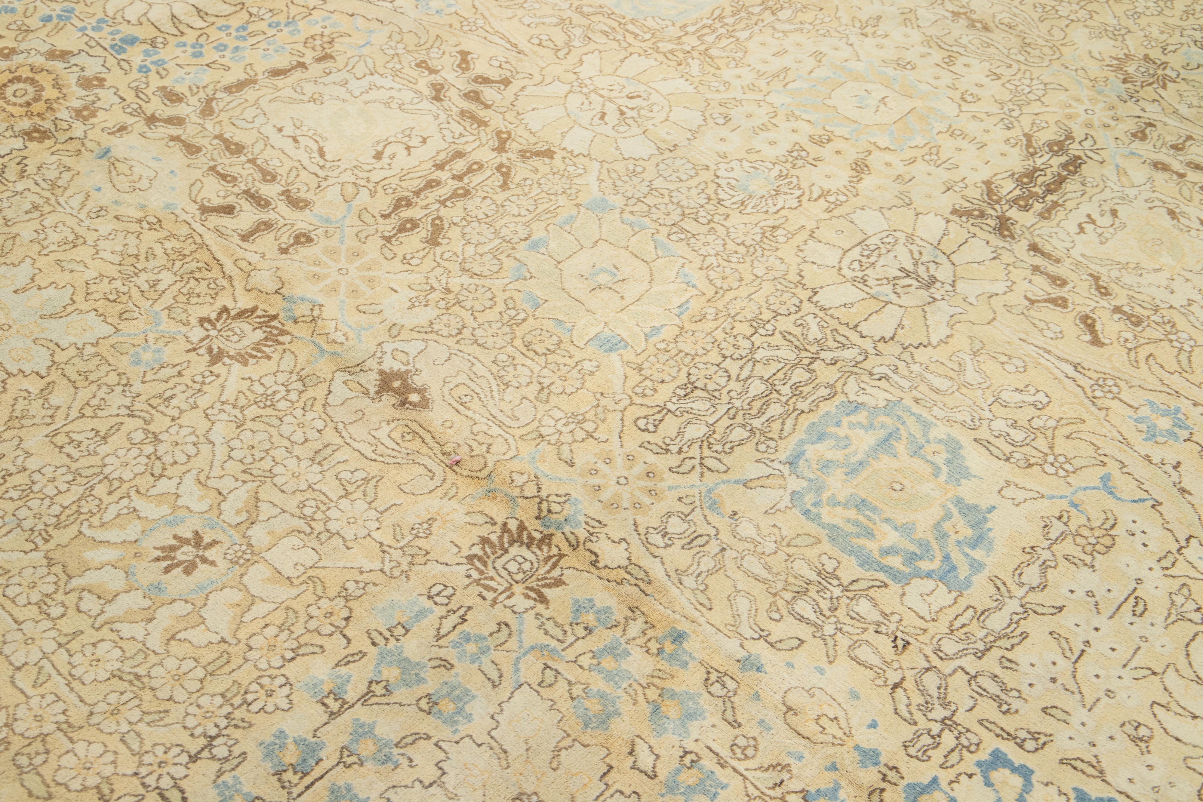 1920s Antique Persian Tabriz Beige Wool Rug With Allover Floral Pattern For Sale 4