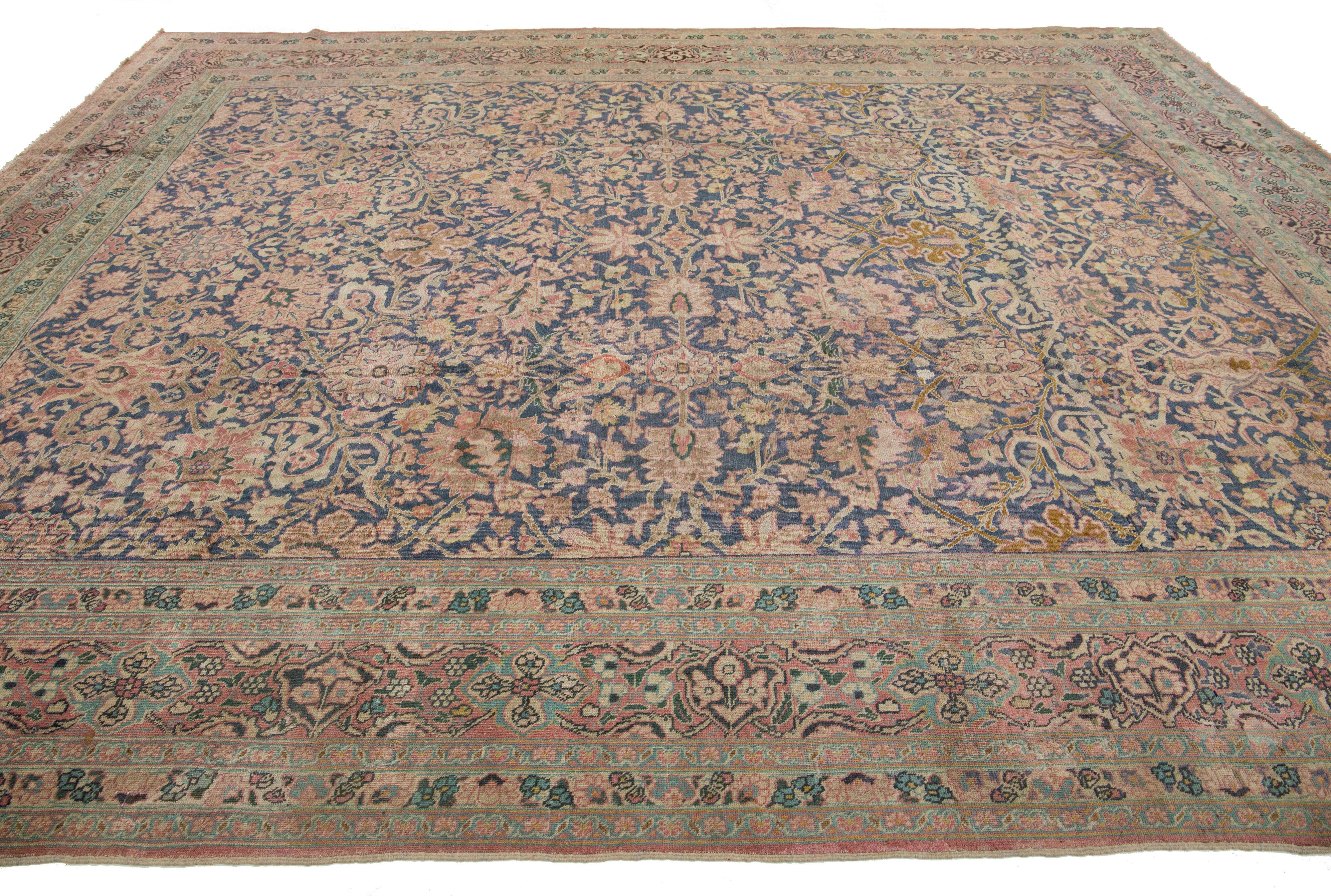 1920s Antique Persian Tabriz Blue Wool Rug With Allover Floral Pattern In Excellent Condition For Sale In Norwalk, CT