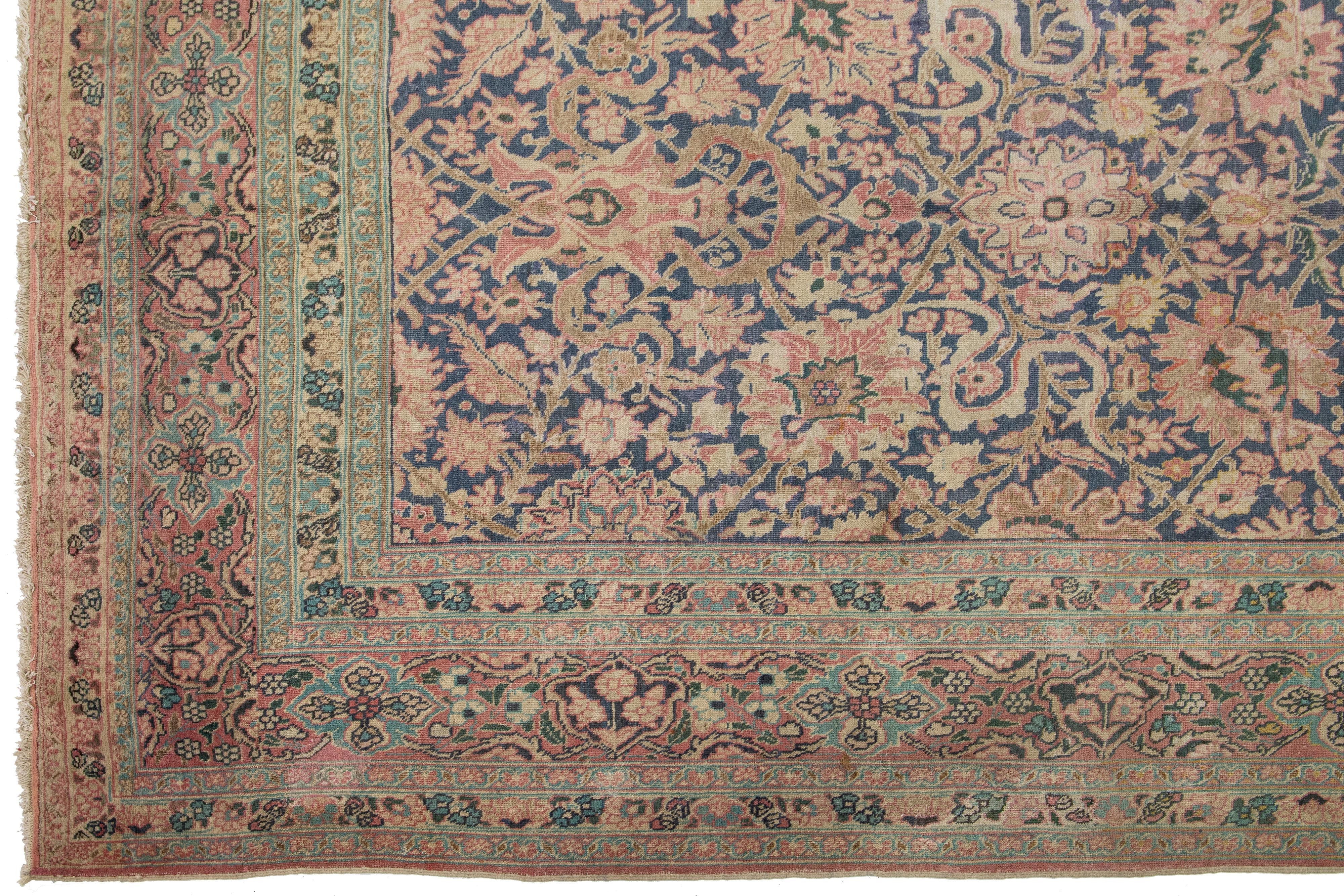 20th Century 1920s Antique Persian Tabriz Blue Wool Rug With Allover Floral Pattern For Sale
