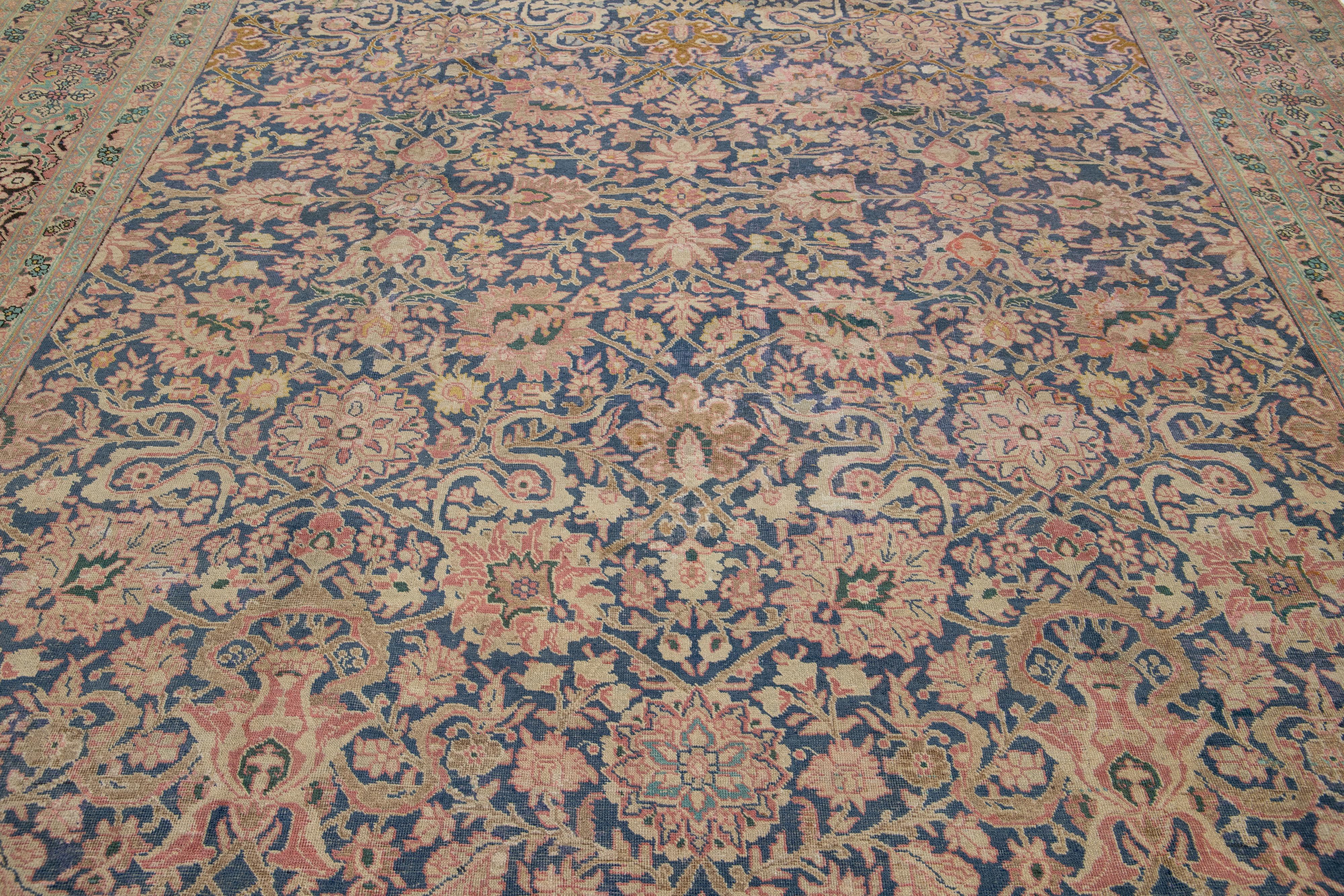1920s Antique Persian Tabriz Blue Wool Rug With Allover Floral Pattern For Sale 1