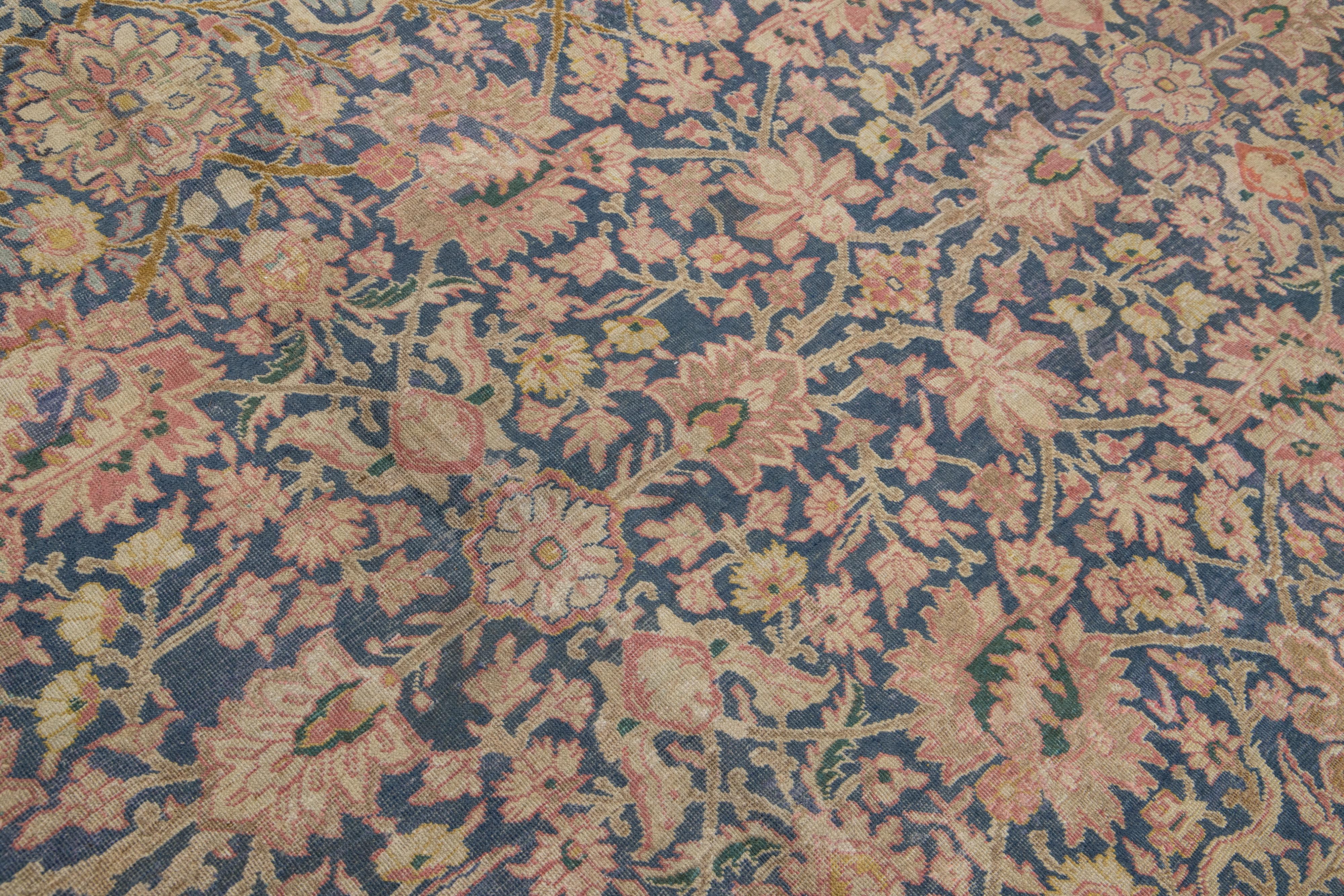 1920s Antique Persian Tabriz Blue Wool Rug With Allover Floral Pattern For Sale 2