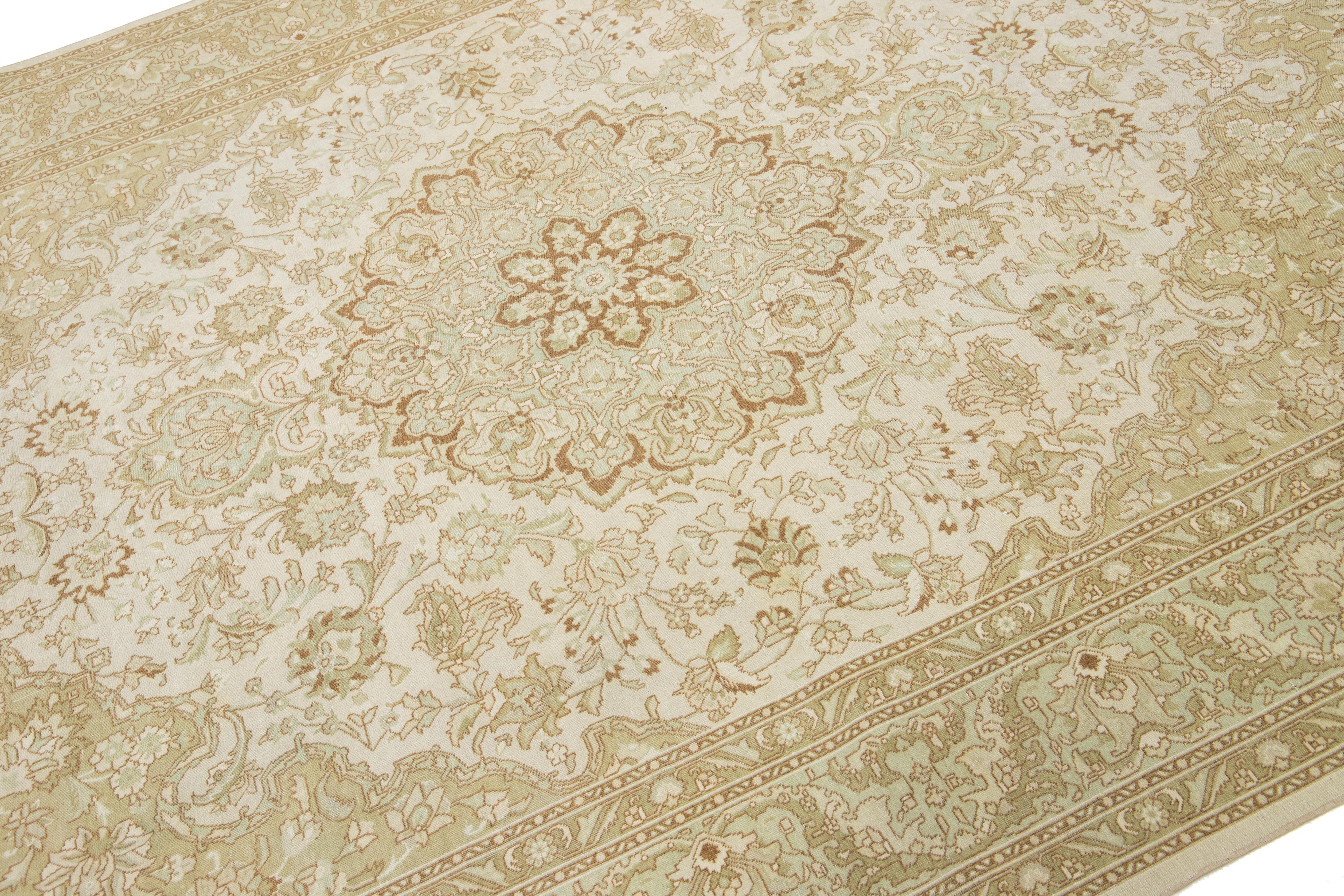 Hand-Knotted 1920s Antique Persian Tabriz Wool Rug Allover Floral In Beige Color For Sale