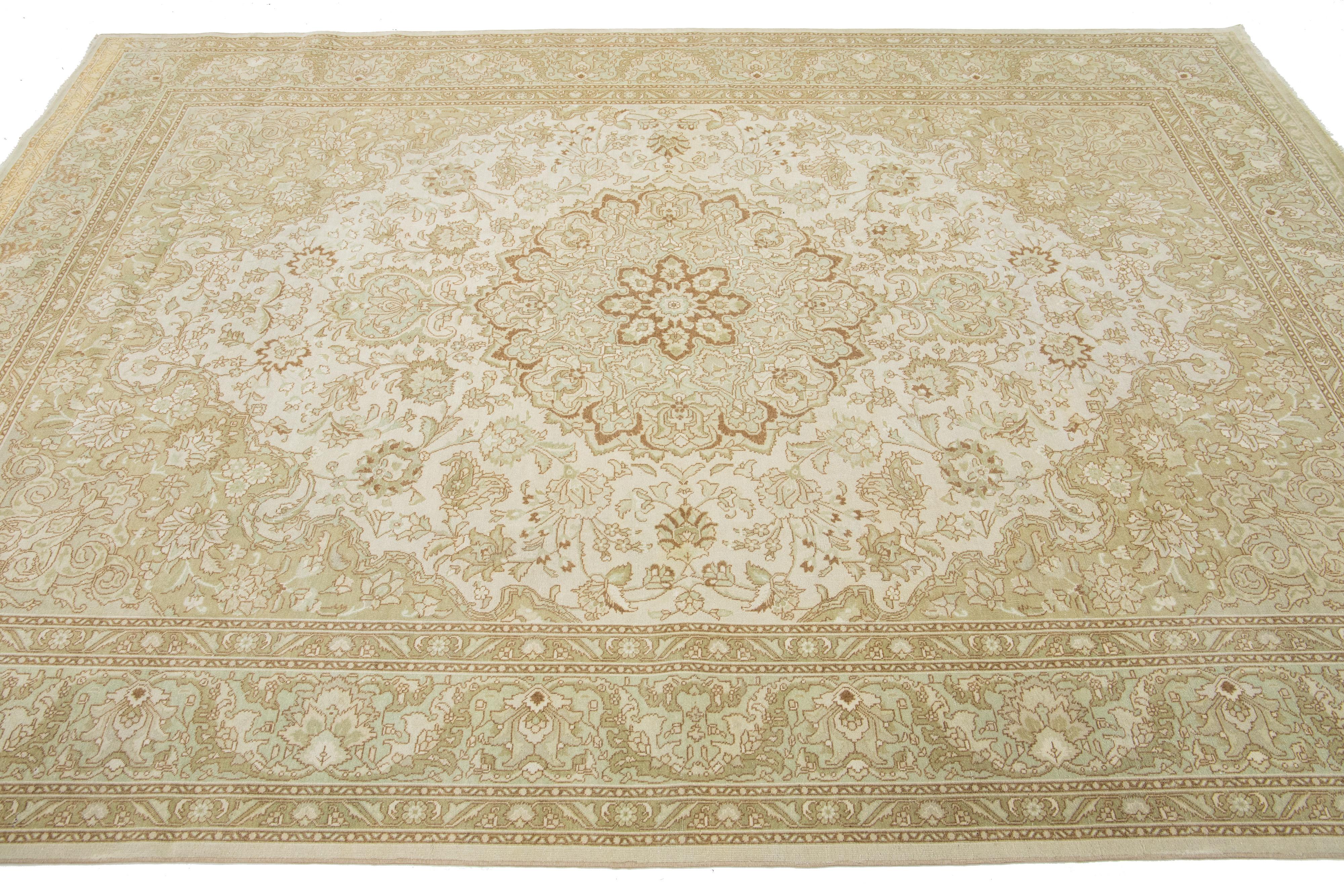 1920s Antique Persian Tabriz Wool Rug Allover Floral In Beige Color In Excellent Condition For Sale In Norwalk, CT
