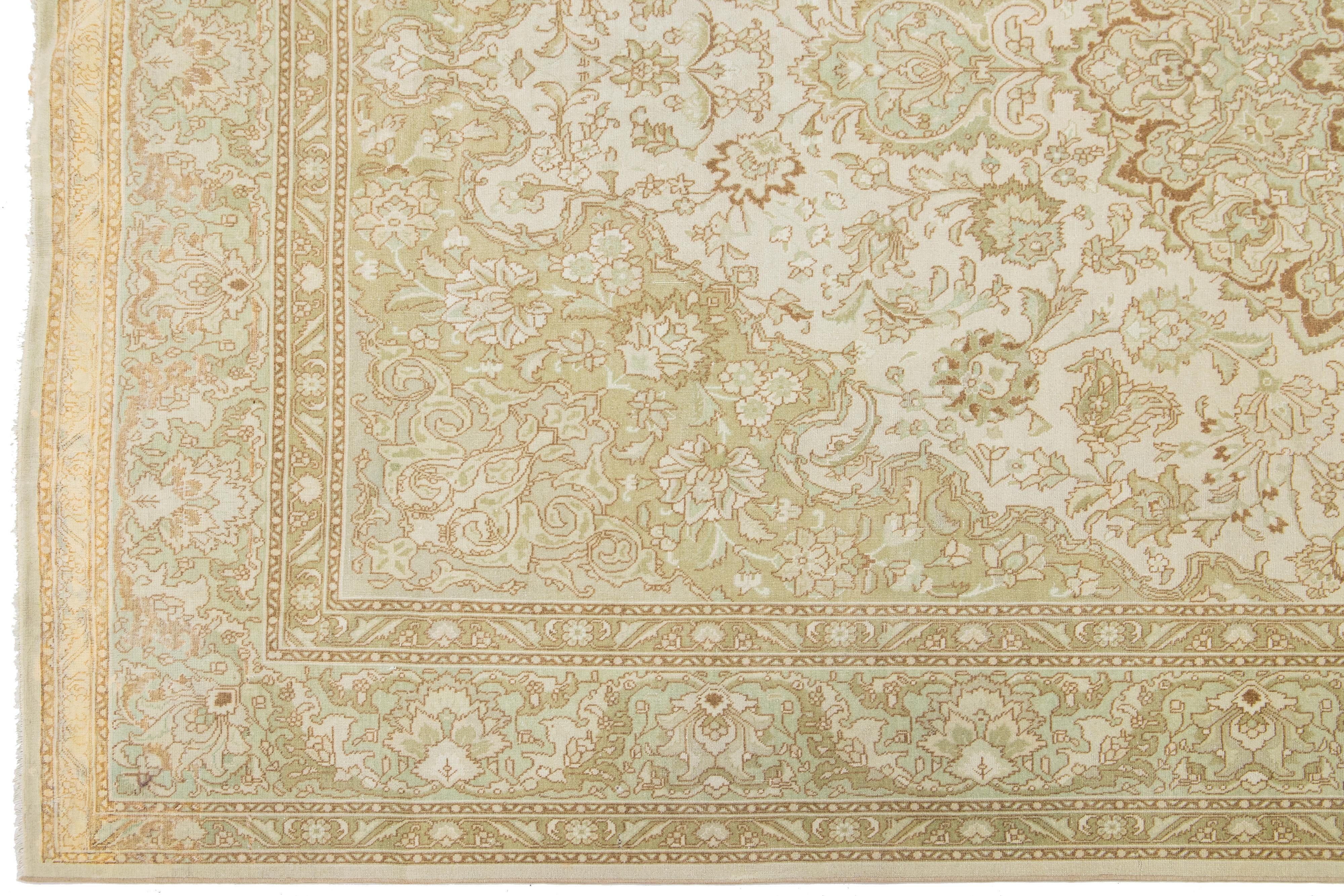 20th Century 1920s Antique Persian Tabriz Wool Rug Allover Floral In Beige Color For Sale