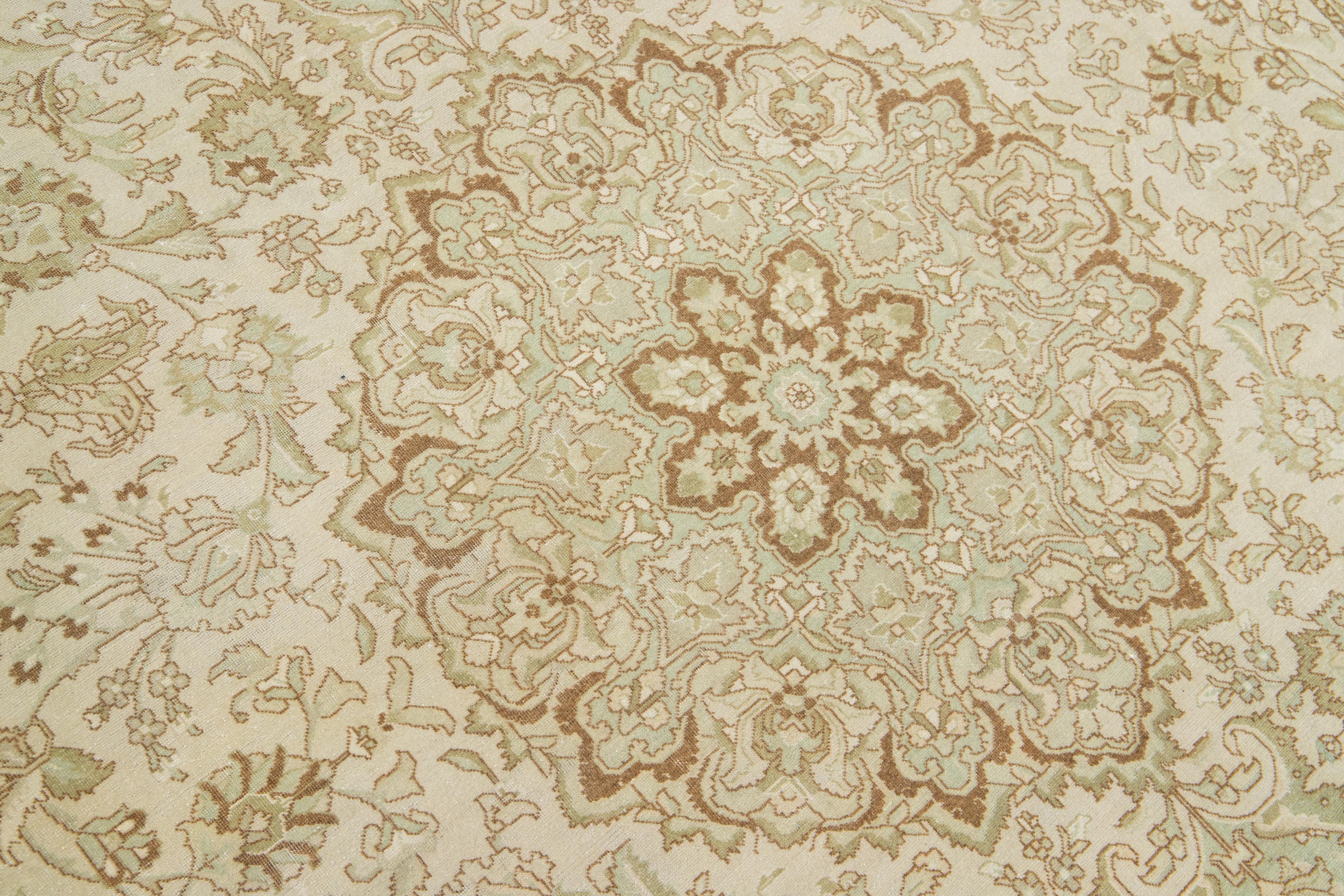 1920s Antique Persian Tabriz Wool Rug Allover Floral In Beige Color For Sale 2