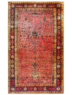 1920s Antique Pink Floral Grand-Scale Formal Persian Silk Wool Kashan Carpet Rug
