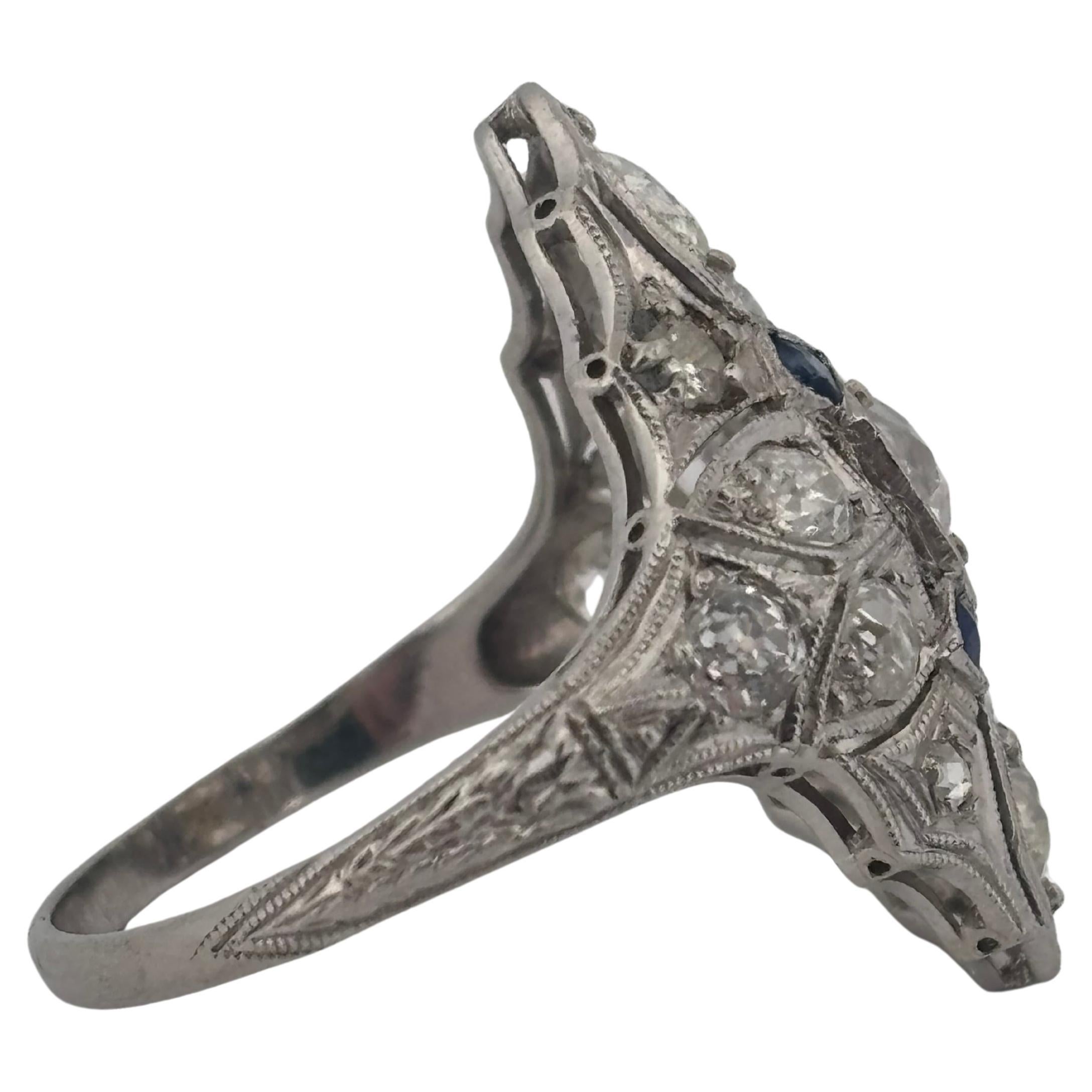 1920's Antique Platinum Filigree 2.02ctw I-J SI2-I2 Diamond & Sapphire Ring For Sale 2