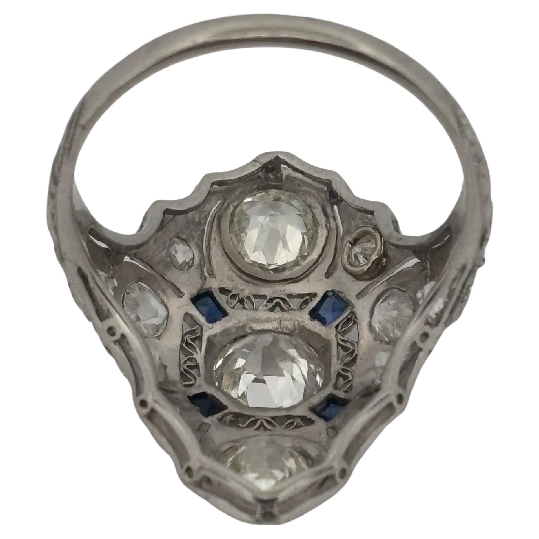 1920's Antique Platinum Filigree 2.02ctw I-J SI2-I2 Diamond & Sapphire Ring For Sale 3