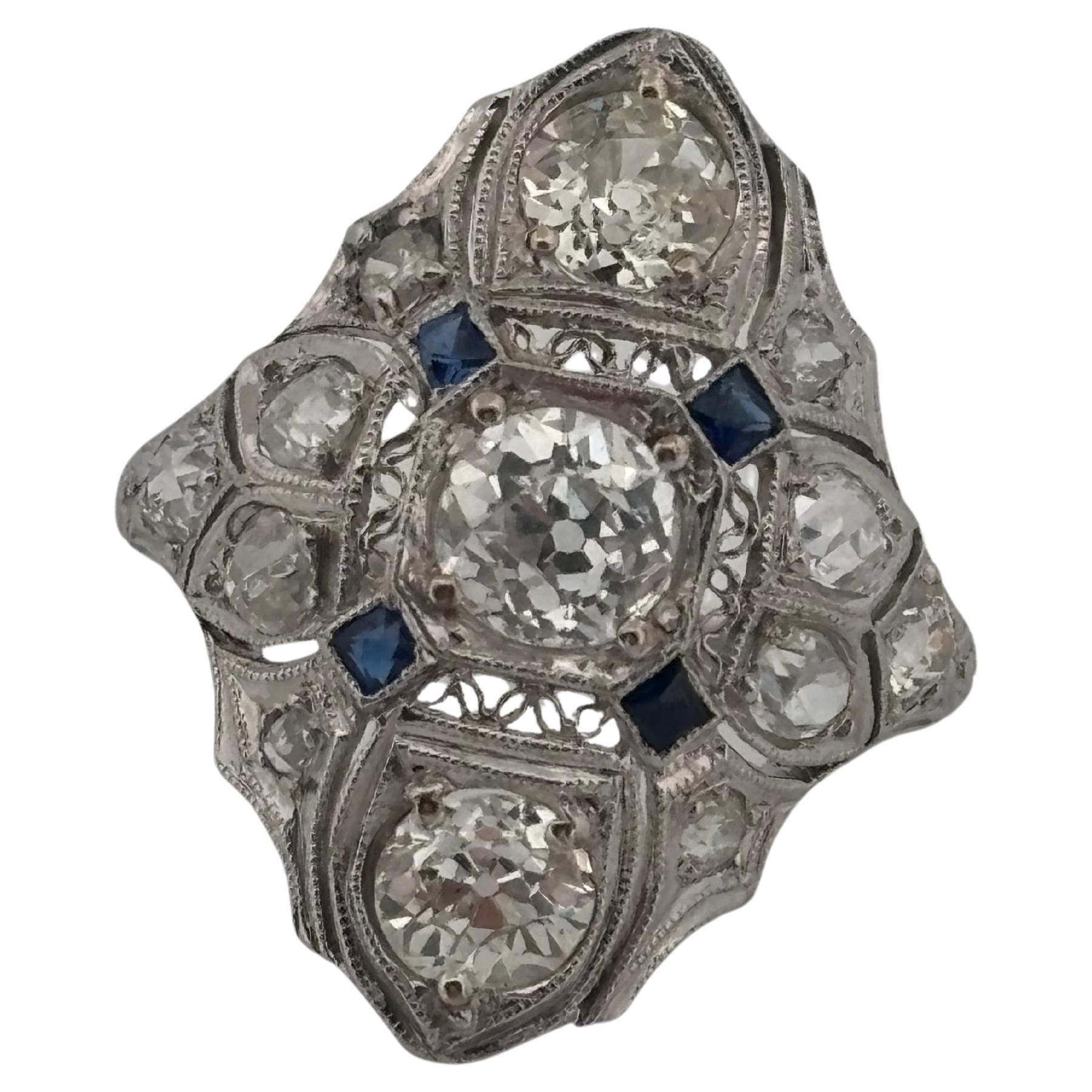 1920's Antique Platinum Filigree 2.02ctw I-J SI2-I2 Diamond & Sapphire Ring For Sale 1