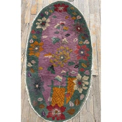 1920s Antique Purple Floral Modernist Chinese Handknotted Art Deco Wool Rug Oval