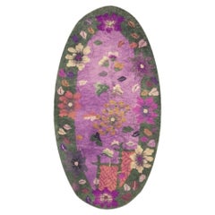 1920s Antique Purple Floral Modernist Chinese Handknotted Art Deco Wool Rug Oval