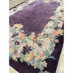 1920s Antique Purple Open Field Chinese Handknotted Art Deco Wool Room Size Rug