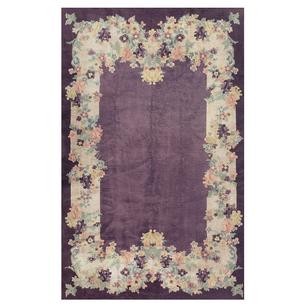 1920s Antique Purple Open Field Chinese Handknotted Art Deco Wool Room Size Rug