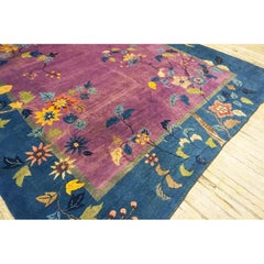 1920s Antique Purple Oriental Floral Chinese Handknotted Art Deco Wool Rug