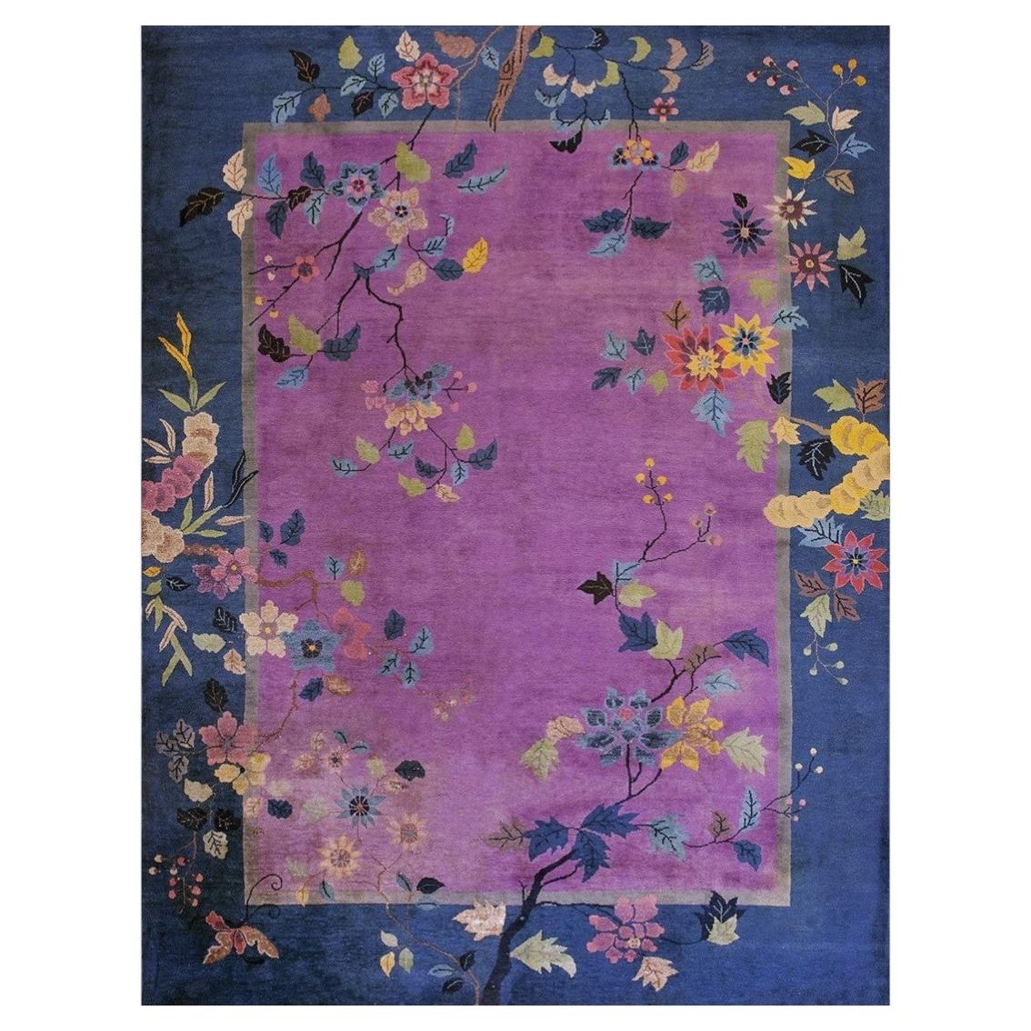 1920s Antique Purple Oriental Floral Chinese Handknotted Art Deco Wool Rug For Sale