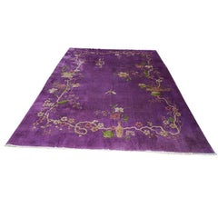 1920s Antique Purple Vase Bird Chinese Handknotted Art Deco Wool Room Size Rug