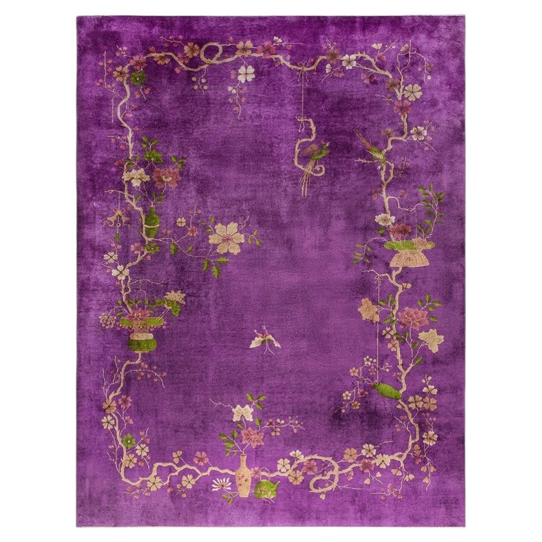 1920s Antique Purple Vase Bird Chinese Handknotted Art Deco Wool Room Size Rug