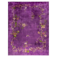 1920s Antique Purple Vase Bird Chinese Handknotted Art Deco Wool Room Size Rug