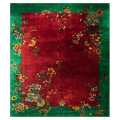 1920s Antique Red Bold Open Field Floral Modern Knotted Chinese Art Deco Rug