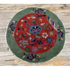 1920s Antique Red Floral Green Border Chinese Knotted Art Deco Wool Round Rug