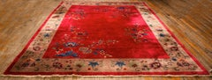 1920s Antique Red Scarlett Floral Haute Modern Knotted Wool Chinese Art Deco Rug