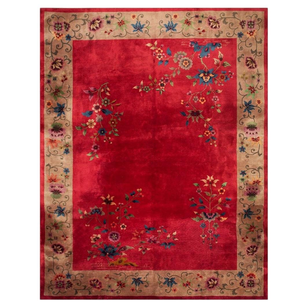 1920s Antique Red Scarlett Floral Haute Modern Knotted Wool Chinese Art Deco Rug