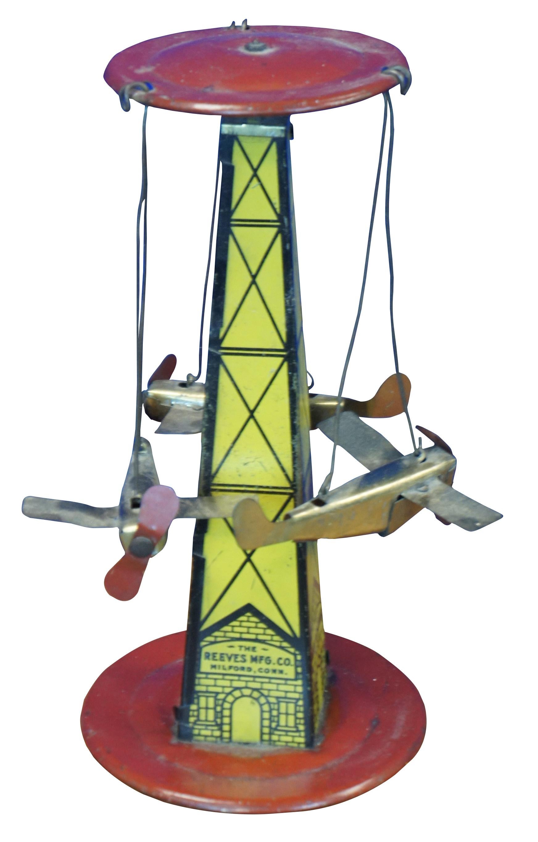 Industrial 1920s Antique Reeves Mfg Air E Go Round Tin Litho Windup Flying Airplane Toy