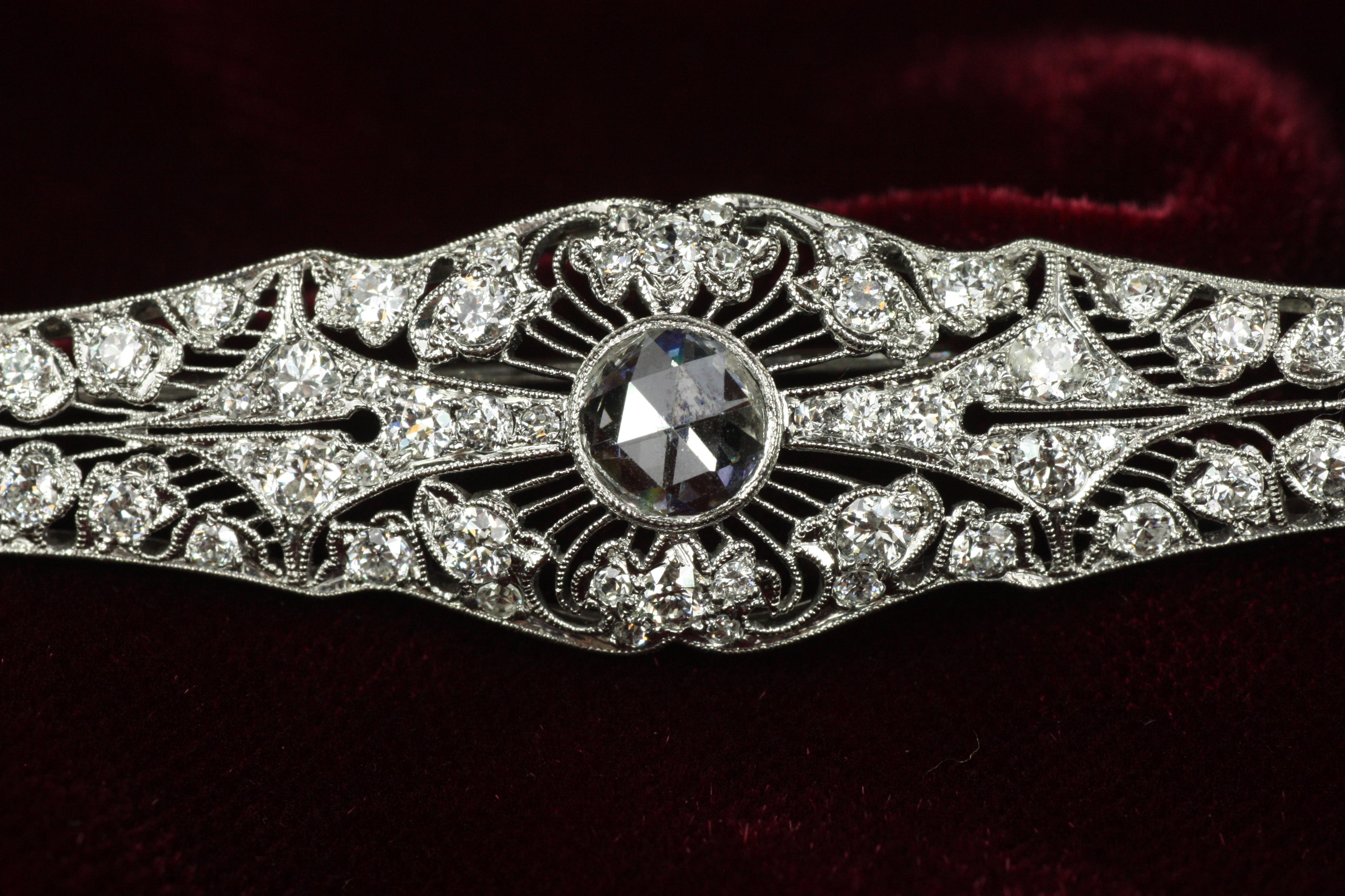 Broche de platino con diamantes talla rosa de los años 20 en Bueno estado para la venta en Santa Monica, CA