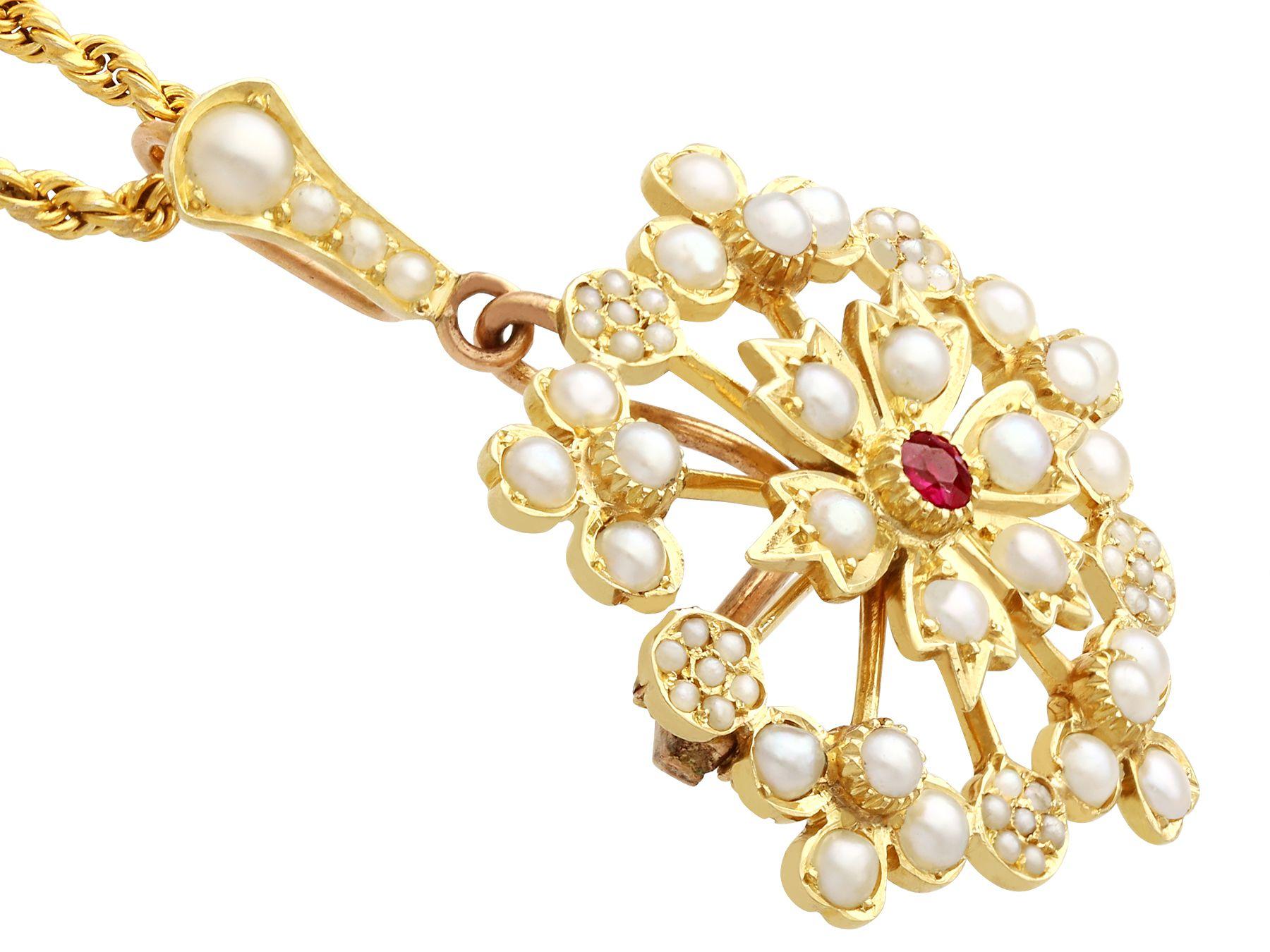 Round Cut 1920s Ruby and Seed Pearl Yellow Gold Pendant / Brooch For Sale