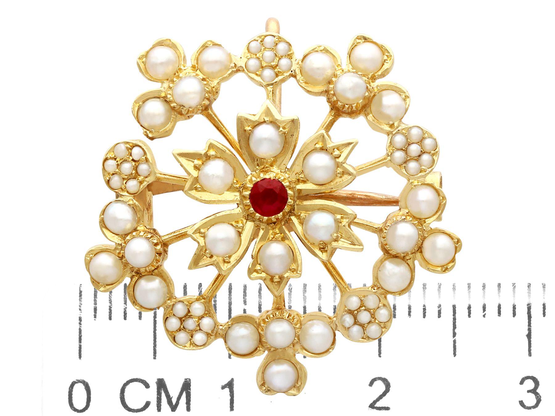 1920s Ruby and Seed Pearl Yellow Gold Pendant / Brooch For Sale 3