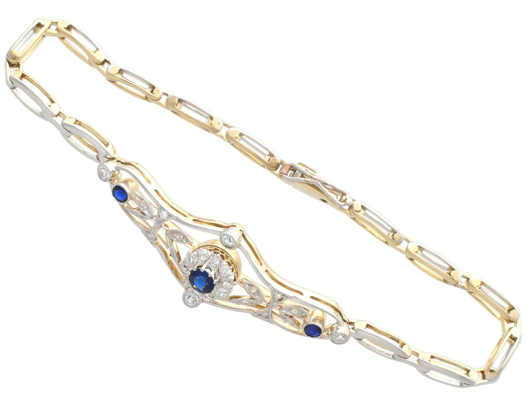 Round Cut 1920s Antique Sapphire and Diamond Yellow Gold Bracelet For Sale