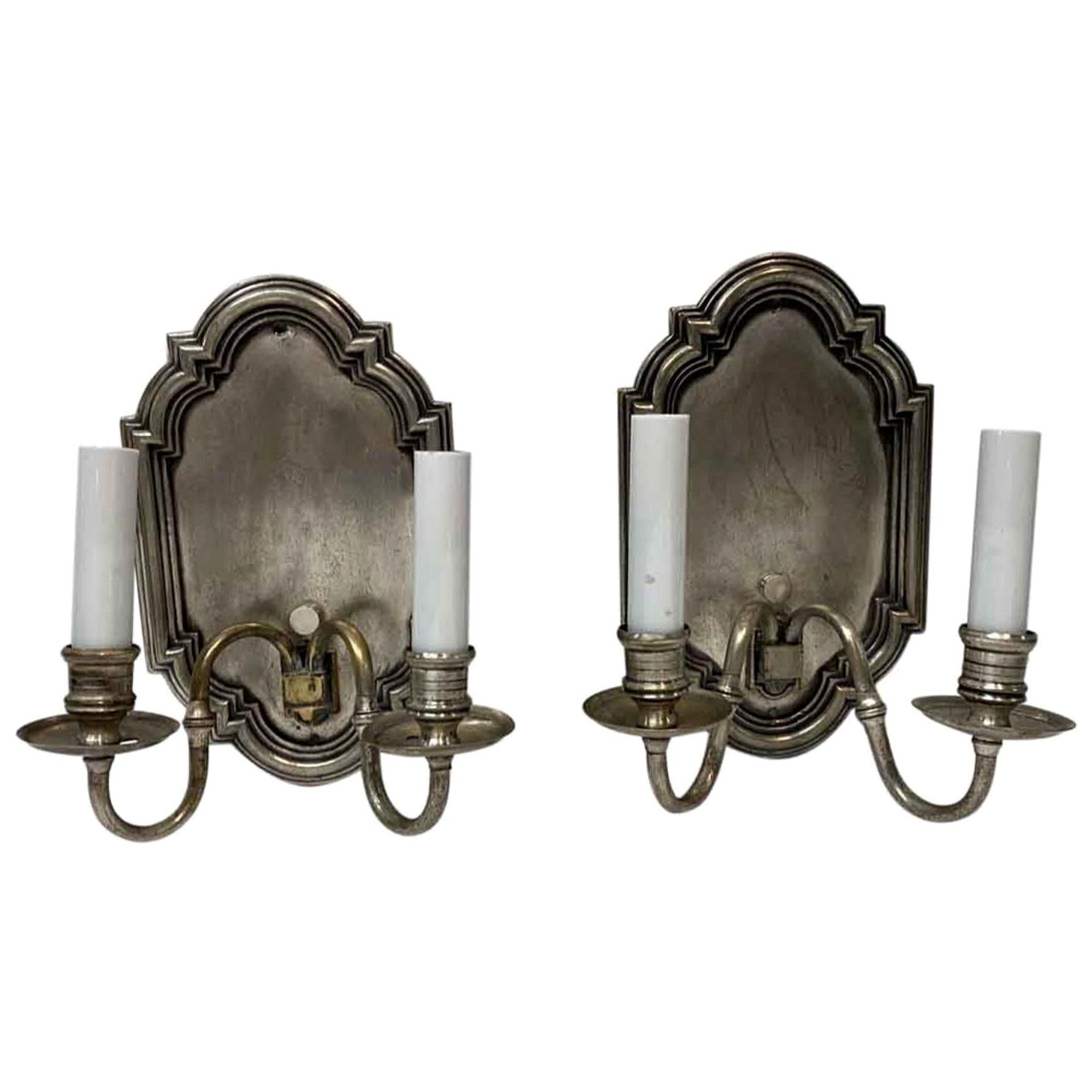 1920s Antique Silver Plated Brass Georgian Wall Sconces; Double Arm
