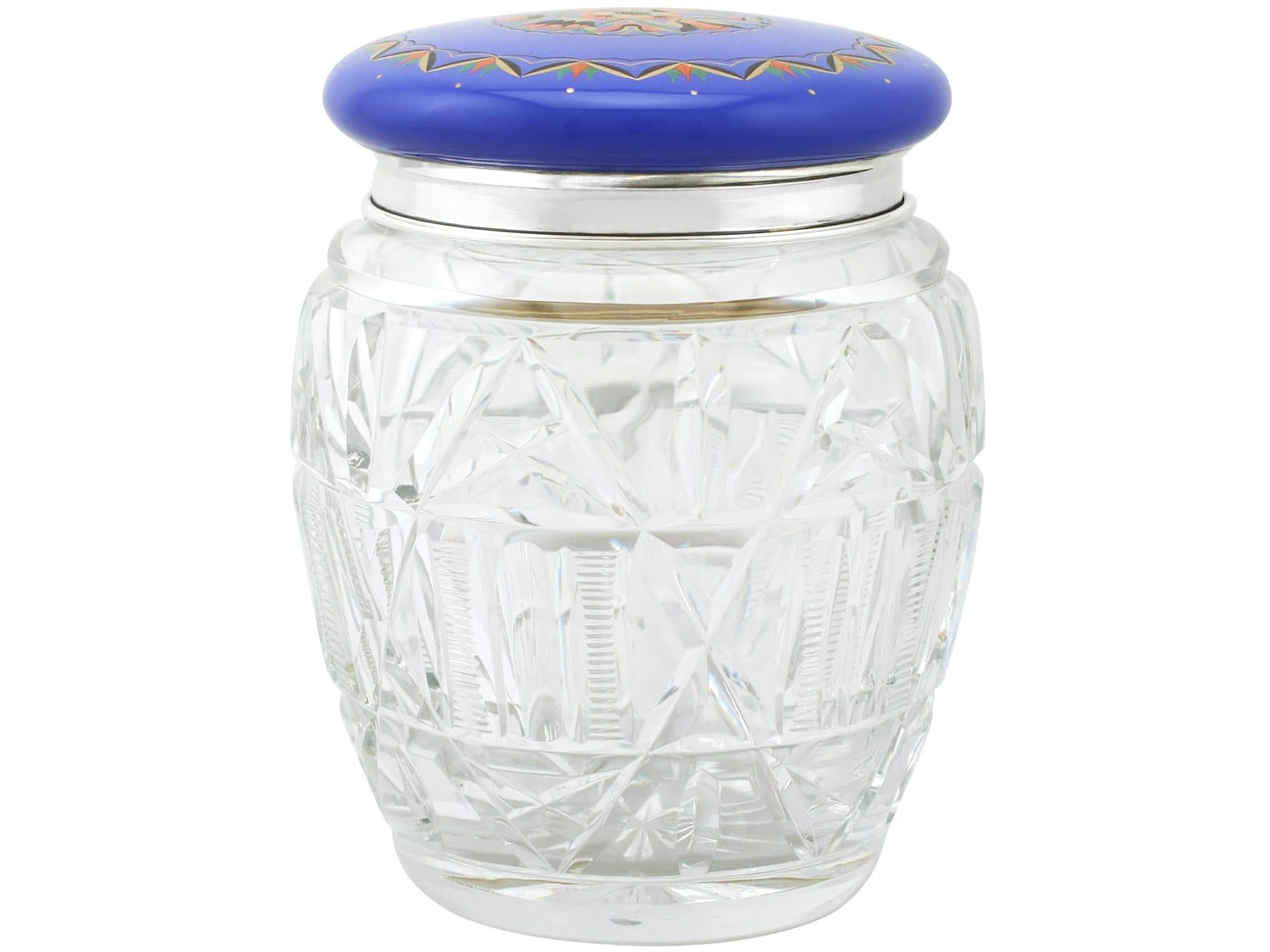 An exceptional, fine and impressive antique George V English sterling silver, cut-glass and enamel biscuit barrel; an addition to our silver mounted glass collection

This exceptional antique George V cut-glass biscuit barrel has a circular rounded