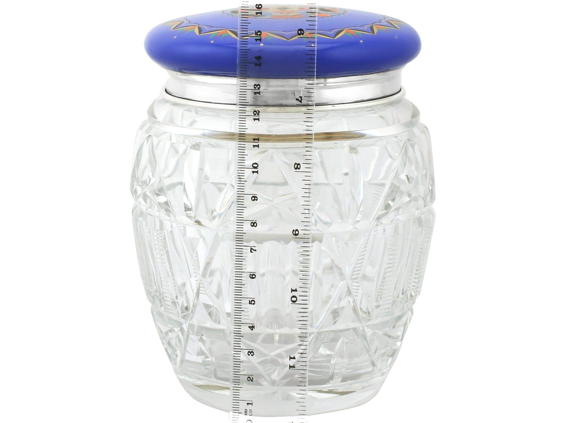 1920s Sterling Silver and Cut-Glass and Enamel Biscuit Barrel For Sale 4