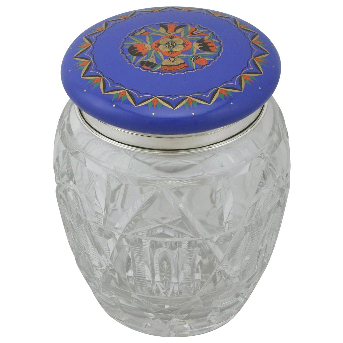 1920s Antique Sterling Silver and Cut-Glass and Enamel Biscuit Barrel