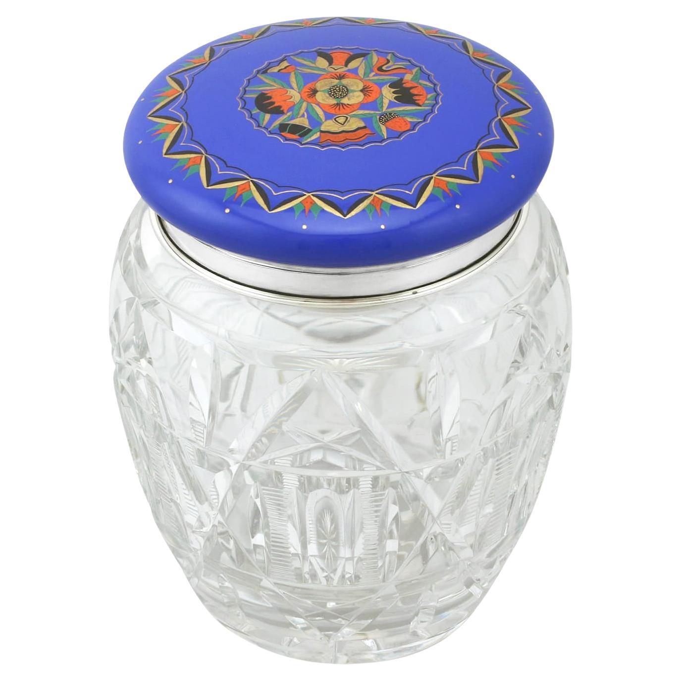 1920s Sterling Silver and Cut-Glass and Enamel Biscuit Barrel