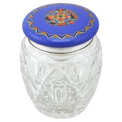 1920s Vintage Sterling Silver and Cut-Glass and Enamel Biscuit Barrel