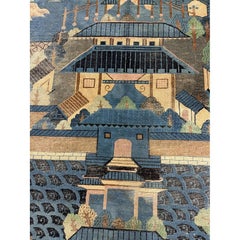Tapis chinois ancien des années 1920, noué à la main en laine, représentant une scène traditionnelle bleue
