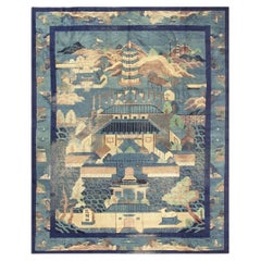 Tapis chinois ancien des années 1920, noué à la main en laine, représentant une scène traditionnelle bleue
