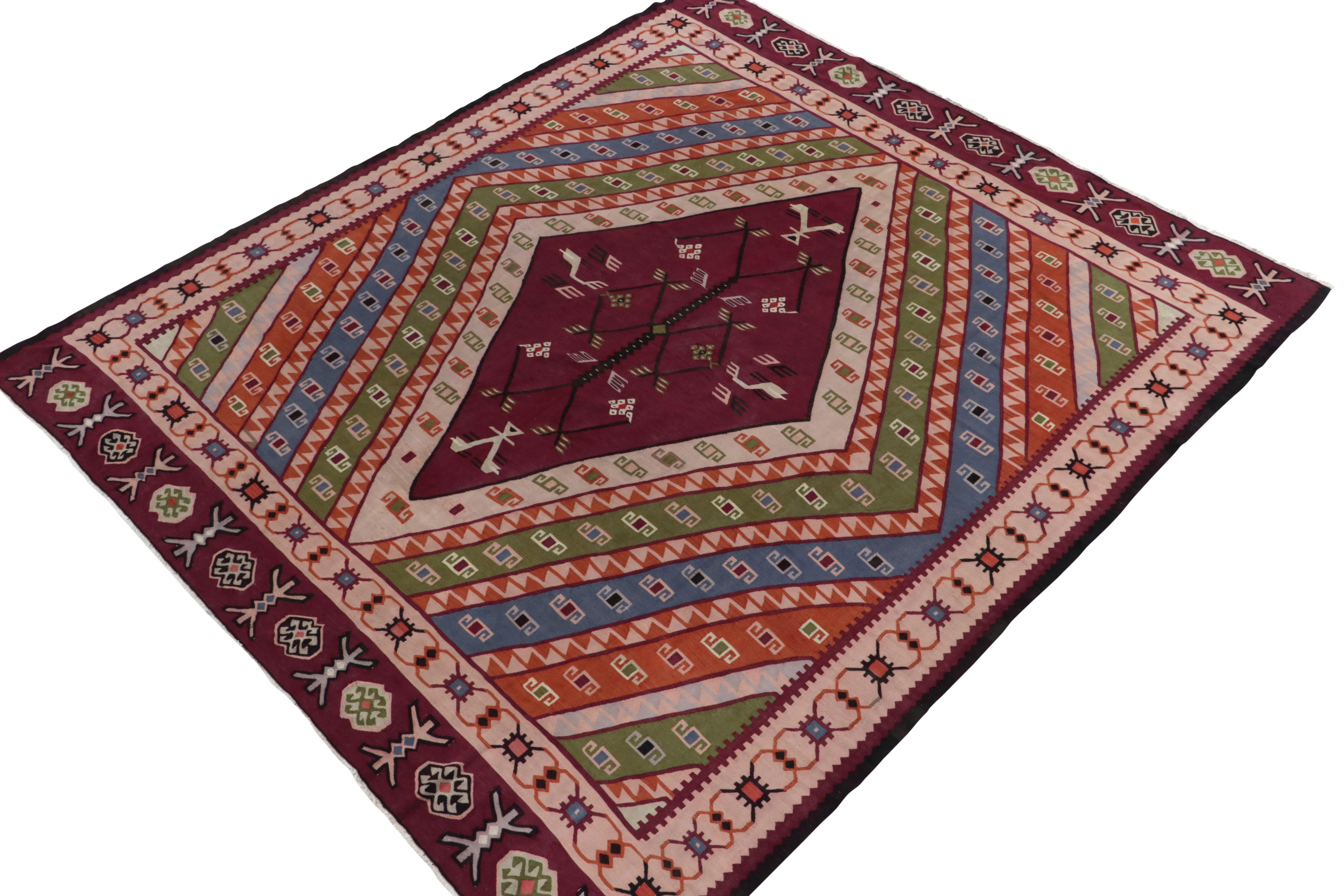 Handwoven in fine wool, a 9x10 antique kilim rug from Turkey, among the most rare additions to our coveted collection. 

Carrying a folk art appeal, the 1920s piece reflects a subtle Macedonian sensibility in design with traditional motifs