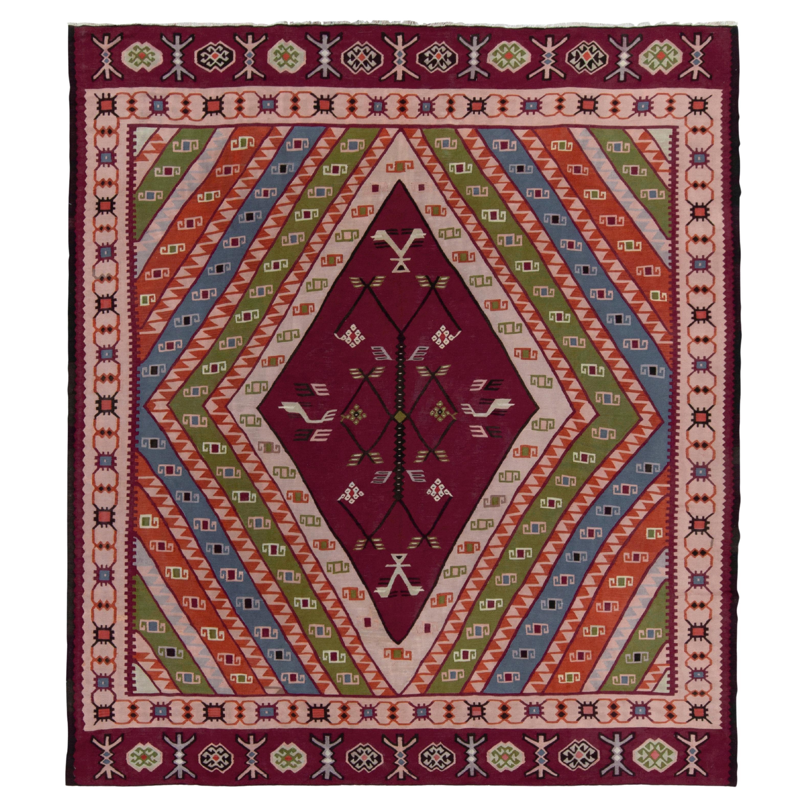 1920s Antique Tribal Kilim in Rare with Vibrant Geometric Pattern by Rug & Kilim For Sale