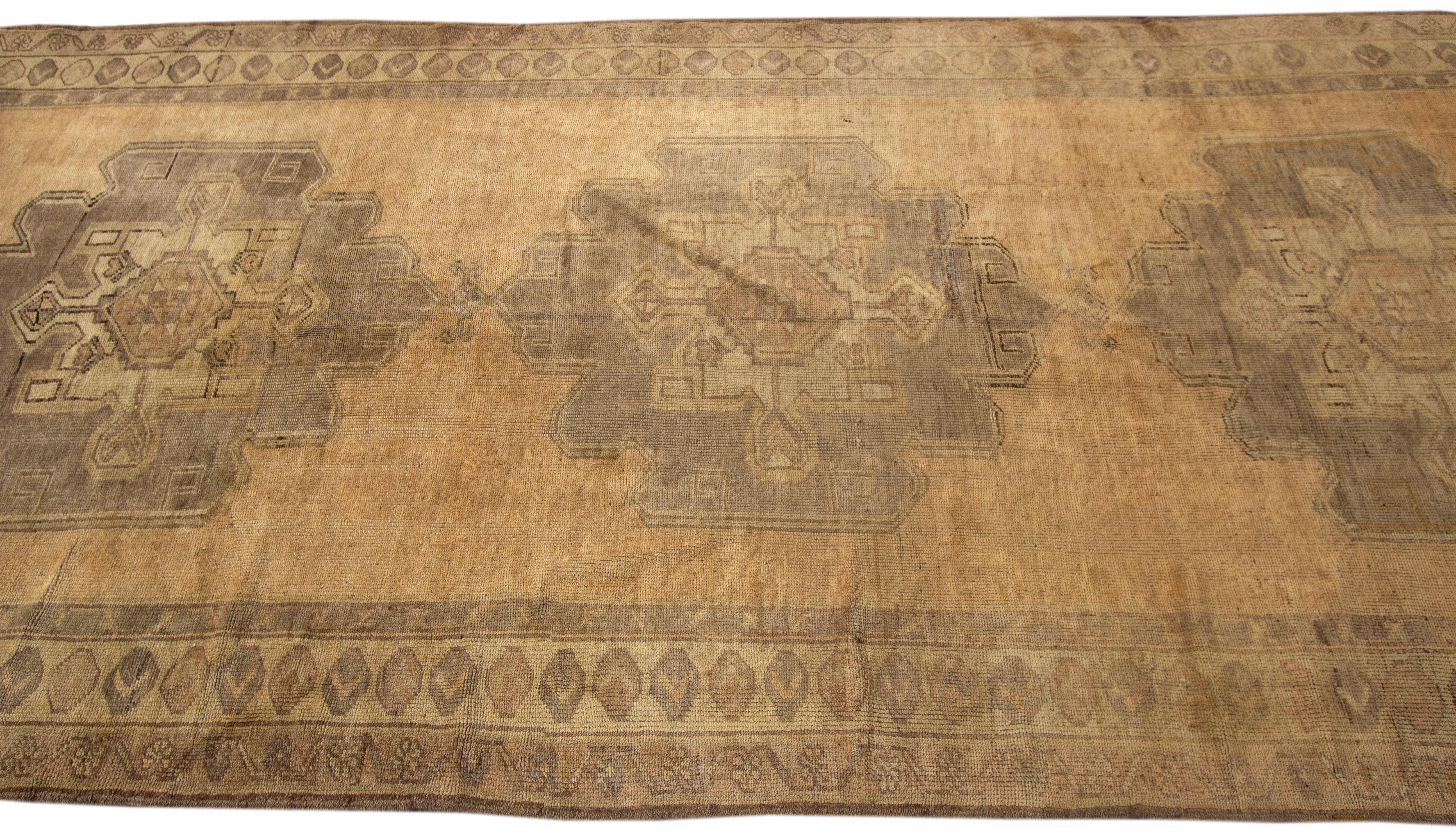 Hand-Knotted 1920s Antique Turkish Khotan Handmade Tan Wool Runner For Sale