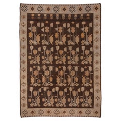 Tapis Kilim turc ancien des années 1920, terrain brun sur toute sa surface, bordures crème